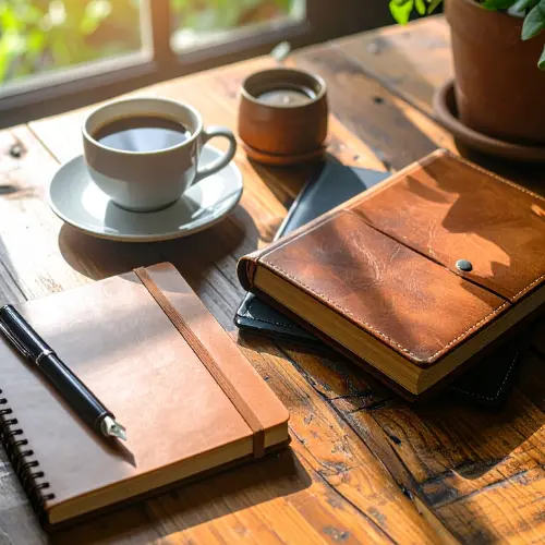 Caderno, caneta e xícara de café em mesa remetendo a onde surgiu a escrita
